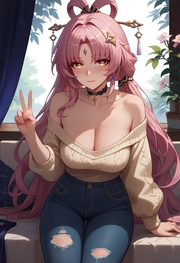 star rail,fu xuan,sweater,off-shoulder,ripped jeans  - AI generated anime art